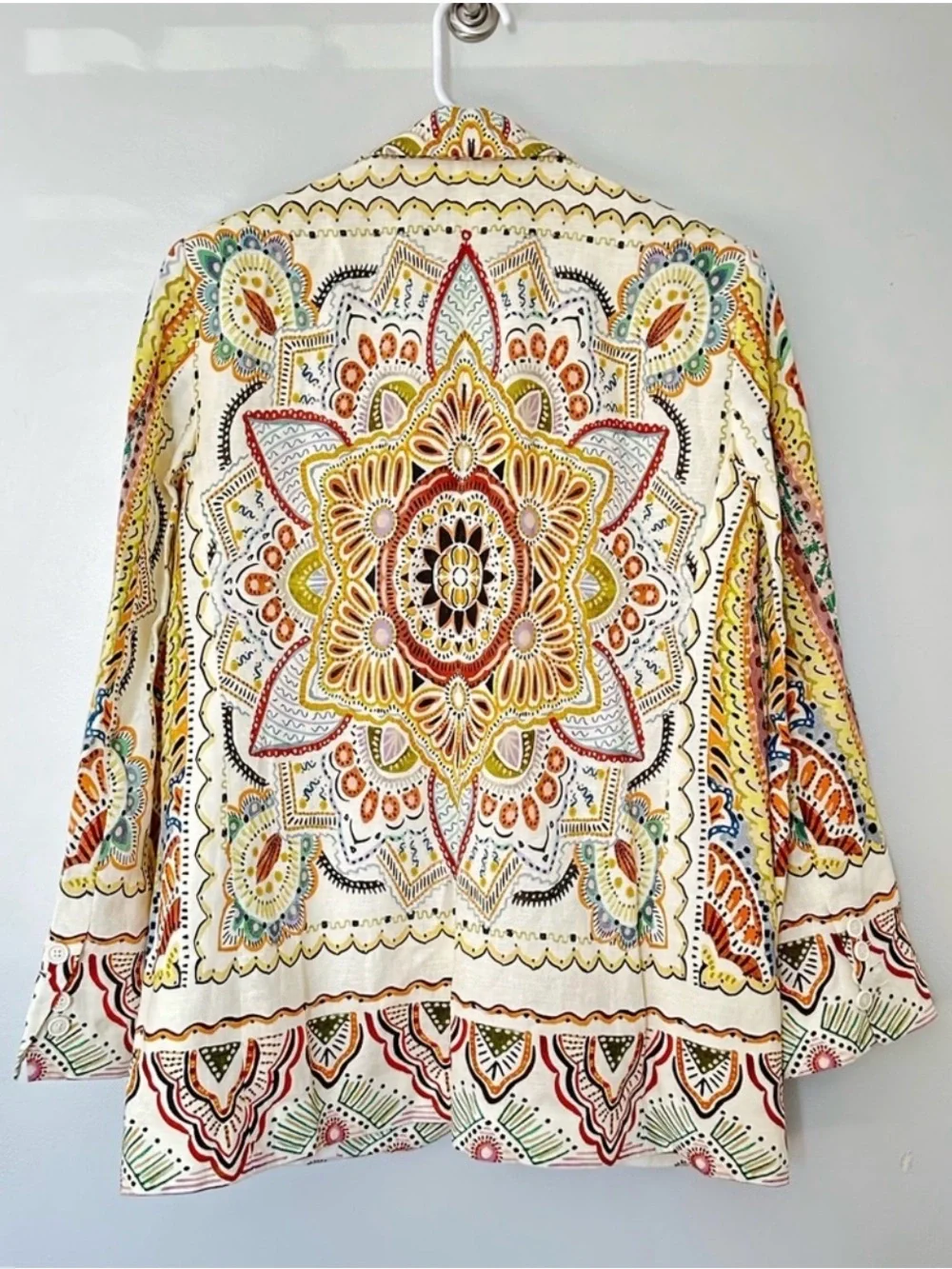 ZARA Cream Linen Blazer with Multicolor Pattern Size L - Picture 2 of 3